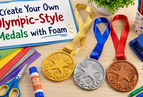 Homemade Olympic-style medals crafted from foam and ribbon
