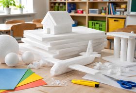 Children using Styrofoam sheets for a classroom craft project