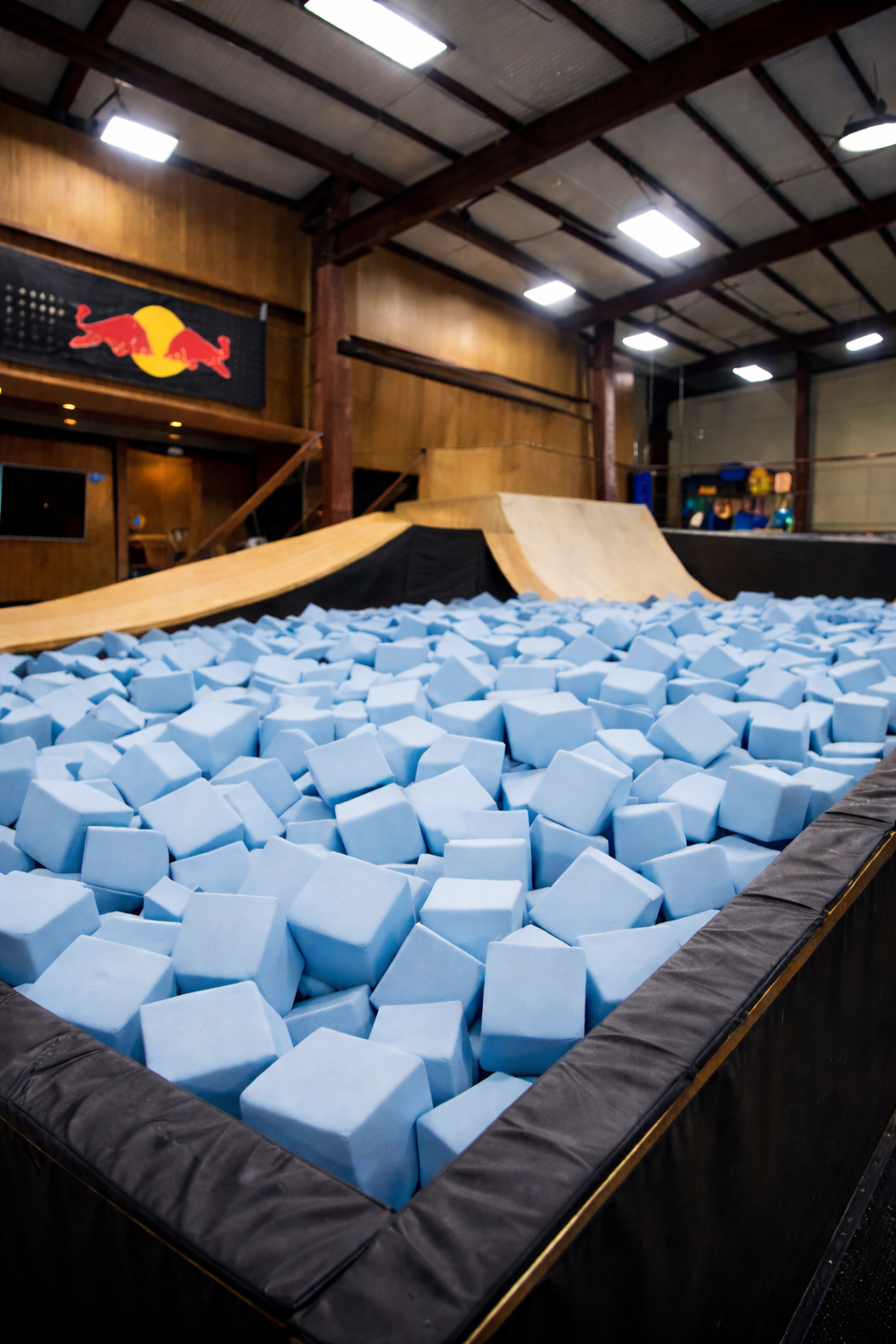 High Density Pale Blue gym pit foam blocks in a skate park
