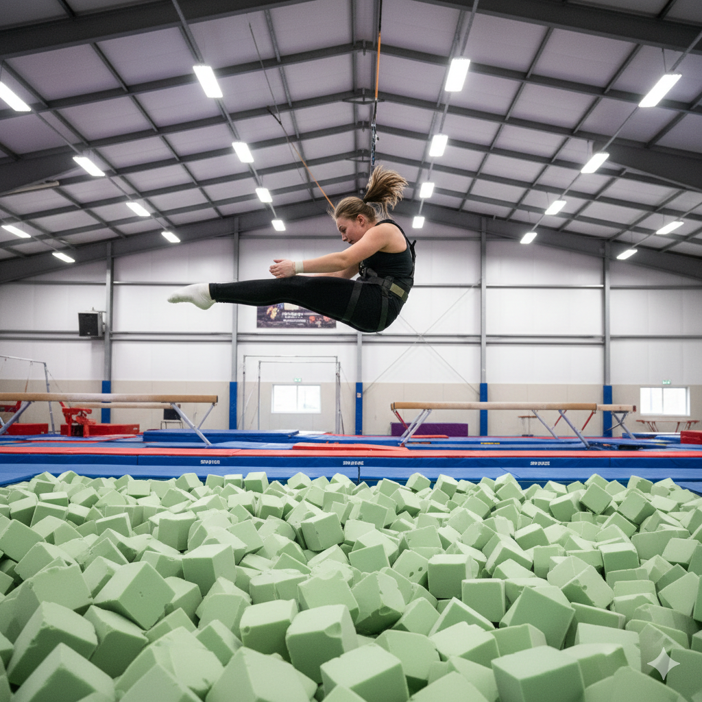 Medium Pale Green gym pit foam blocks in a gymnastics pit