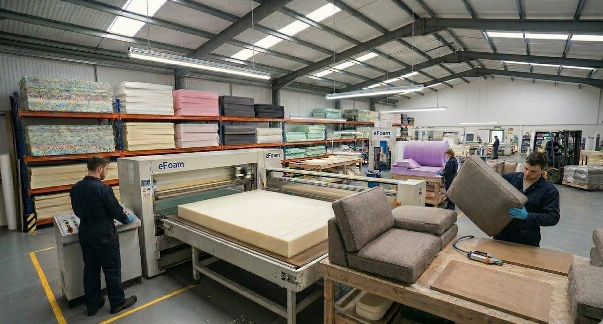 eFoam UK workshop in Bilston - precision cutting new polyurethane foam to fit an empty sofa cushion cover