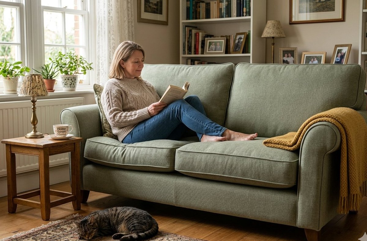 A sofa restored with new UK-cut foam, looking fresh and supportive in a comfortable home living room